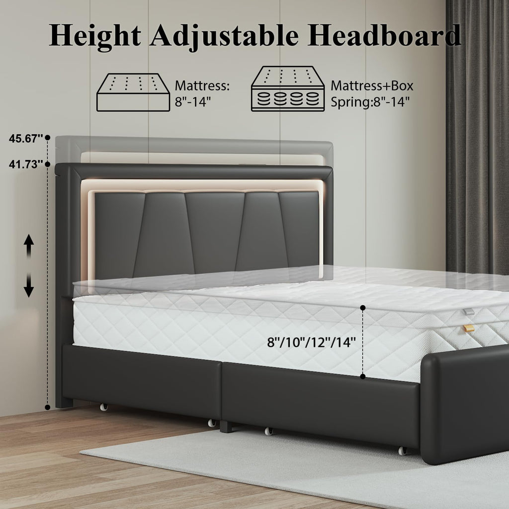 Full Size Bed Frame with Storage Drawers and Charging Station, Black P73396