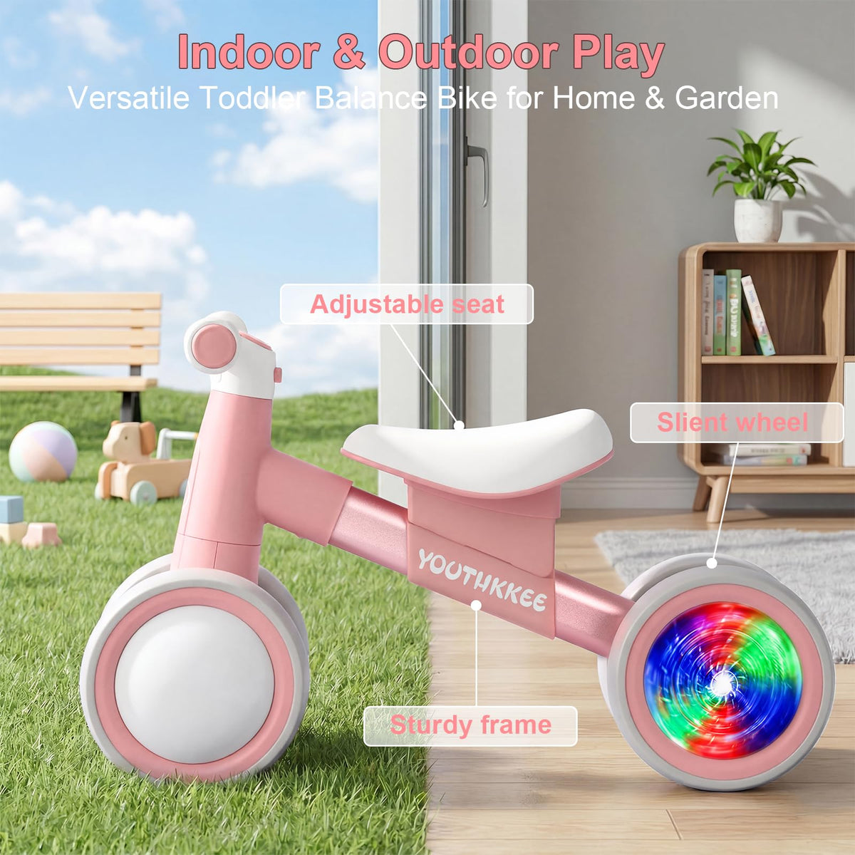 Baby Balance Bike for 1-2 Year Old Toddlers, 4-Wheel with Colorful Light J711