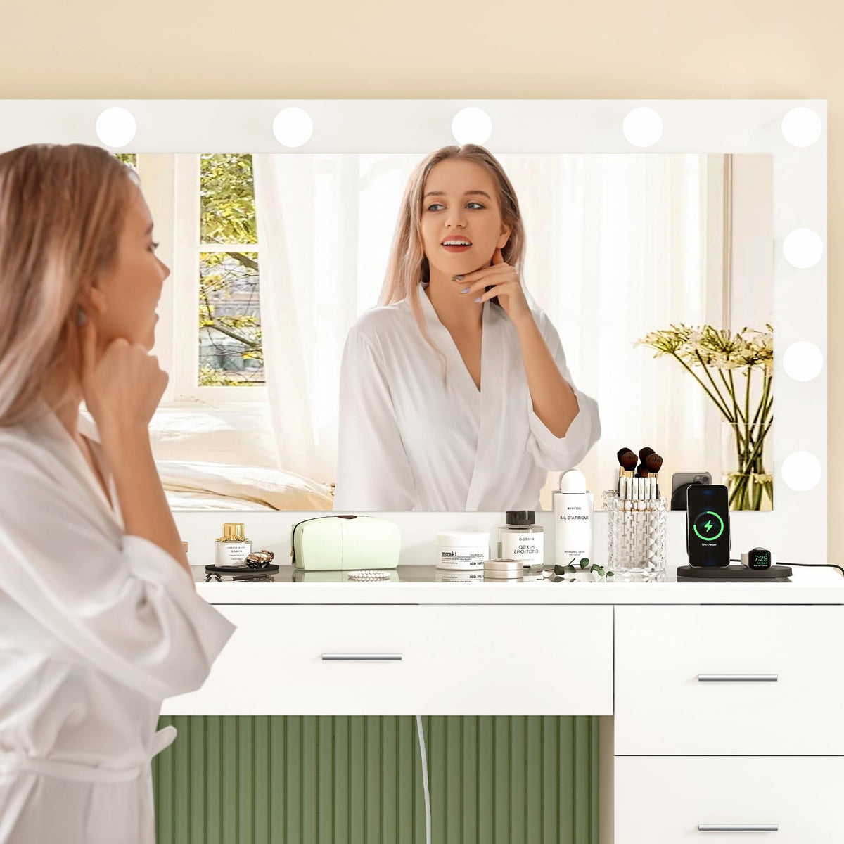 White Vanity Desk with Lighted Mirror and 9 Drawers S356