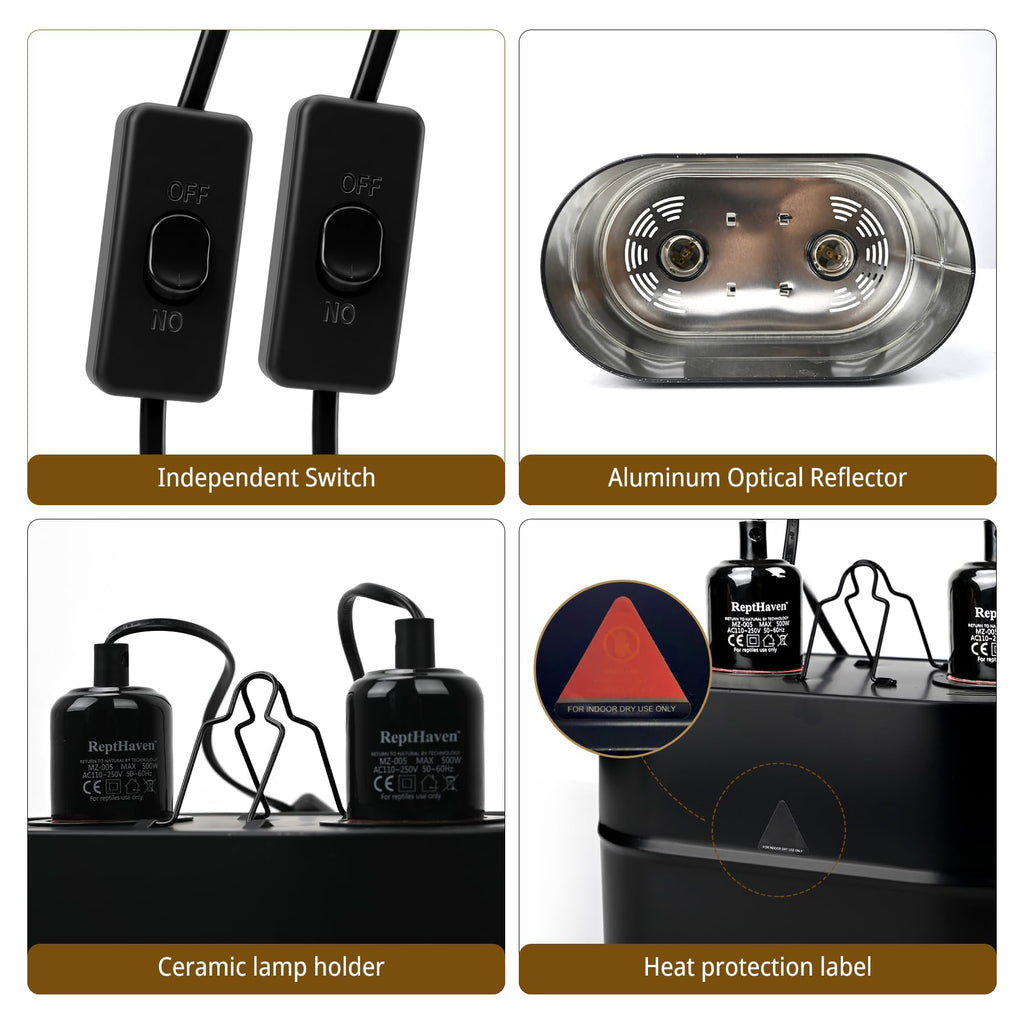 2-in-1 Deep Dome Reptile Light Fixture Kit with 100W UVA Basking Bulb & 100W Infrared Heat Lamp W75071