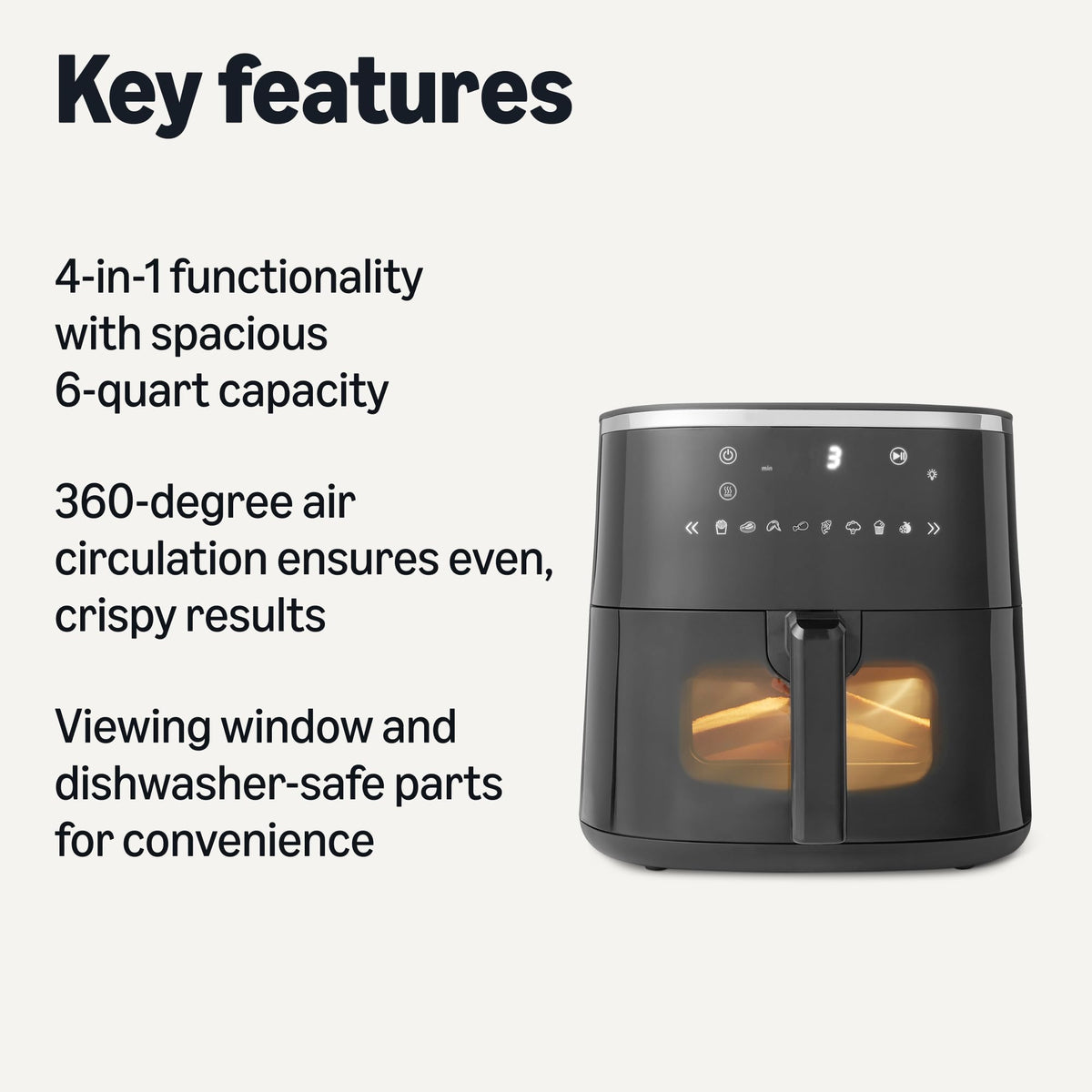 6-Quart Digital Air Fryer with Easy View Window, Black L31973