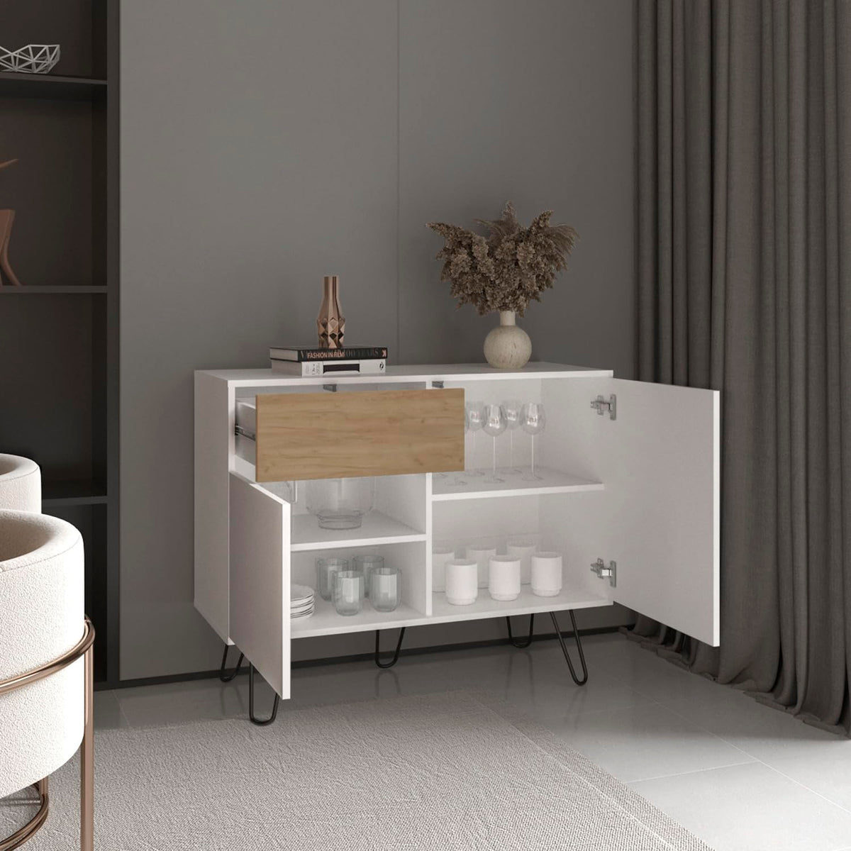 39" Wide White & Oak Console Table with 2 Cabinets, 1 Drawer, 4 Shelves R159
