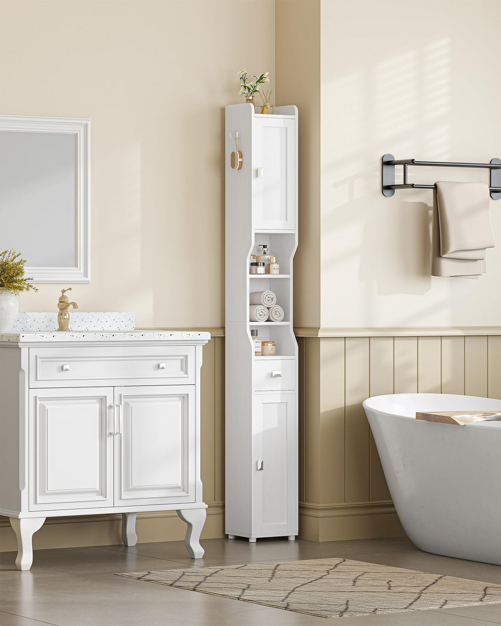 White Tall Narrow Bathroom Storage Cabinet R719