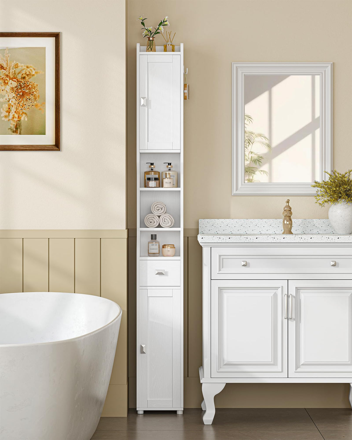 White Tall Narrow Bathroom Storage Cabinet R719