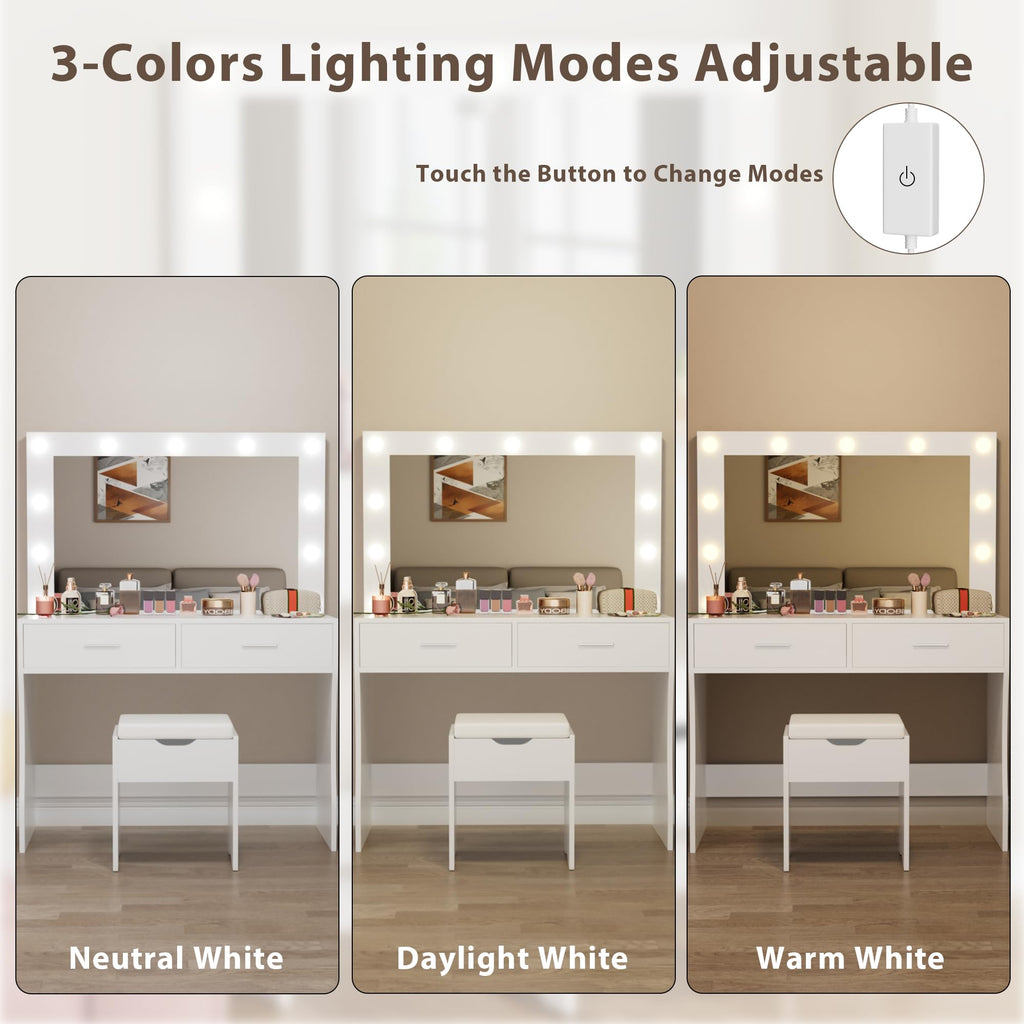 White Vanity Desk Set with Lighted Mirror and 2 Drawers T2466