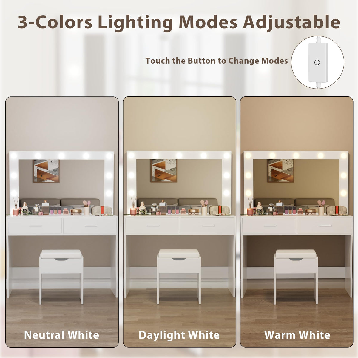 White Vanity Desk Set with Lighted Mirror and 2 Drawers T2466