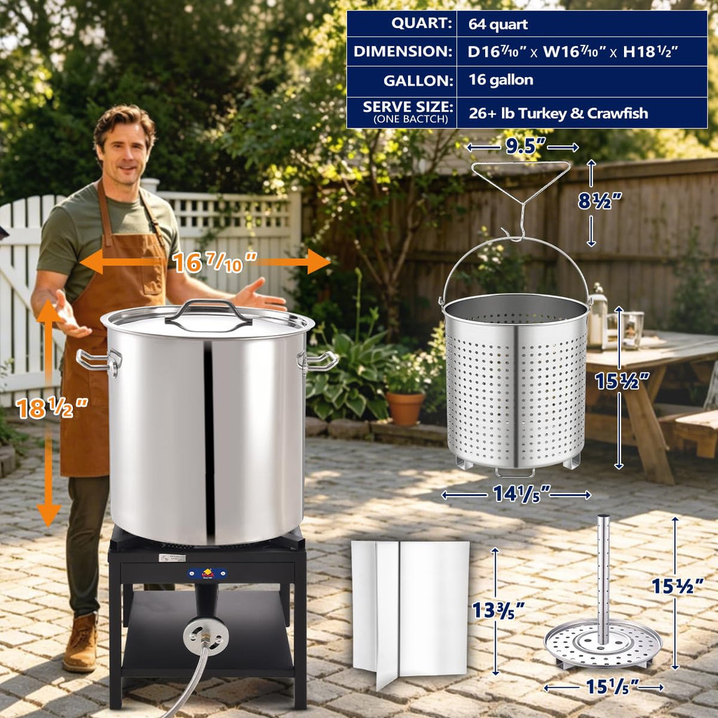 64QT Stainless Steel Stockpot with Basket S365