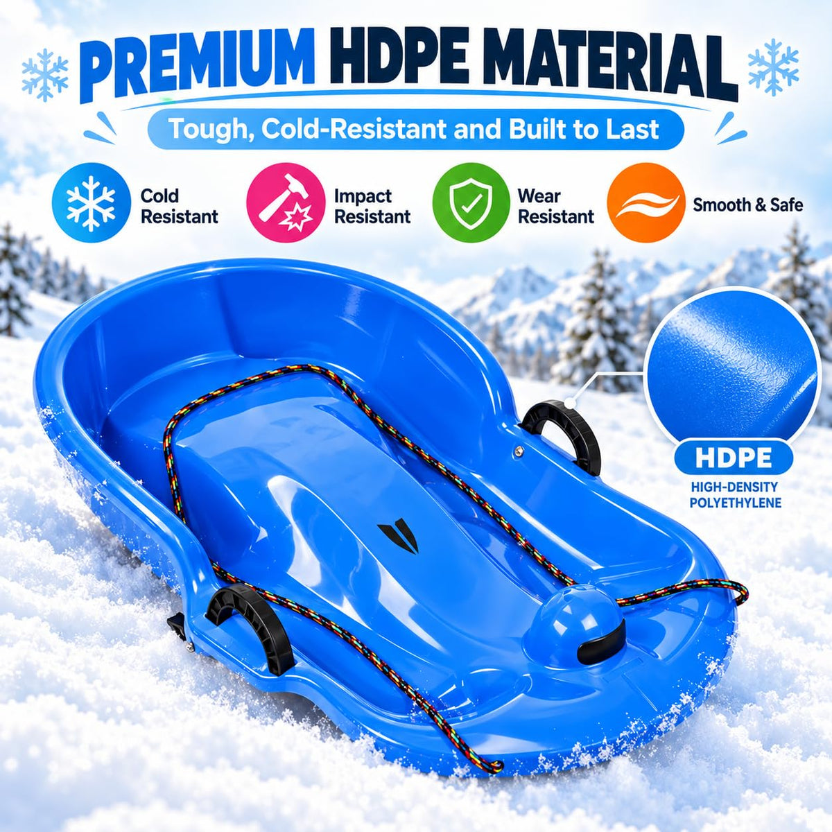 2 Pack 65cm Plastic Snow Sleds with Brake Handles and Pull Rope F654372