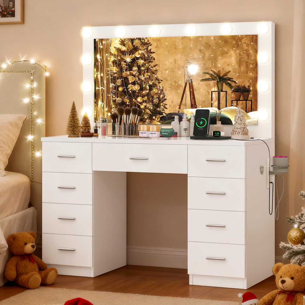White Vanity Desk with Lighted Mirror and 9 Drawers S356