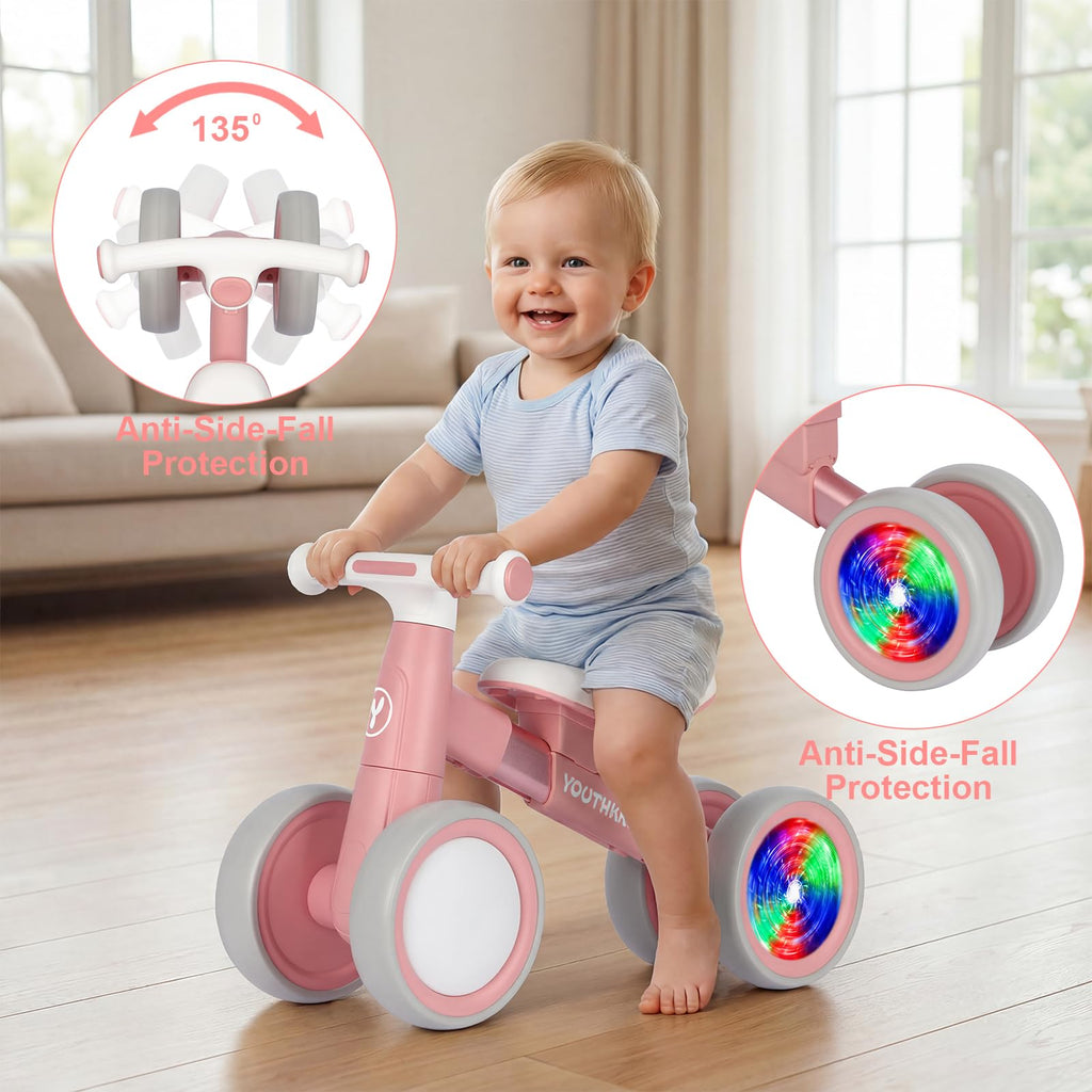 Baby Balance Bike for 1-2 Year Old Toddlers, 4-Wheel with Colorful Light J711