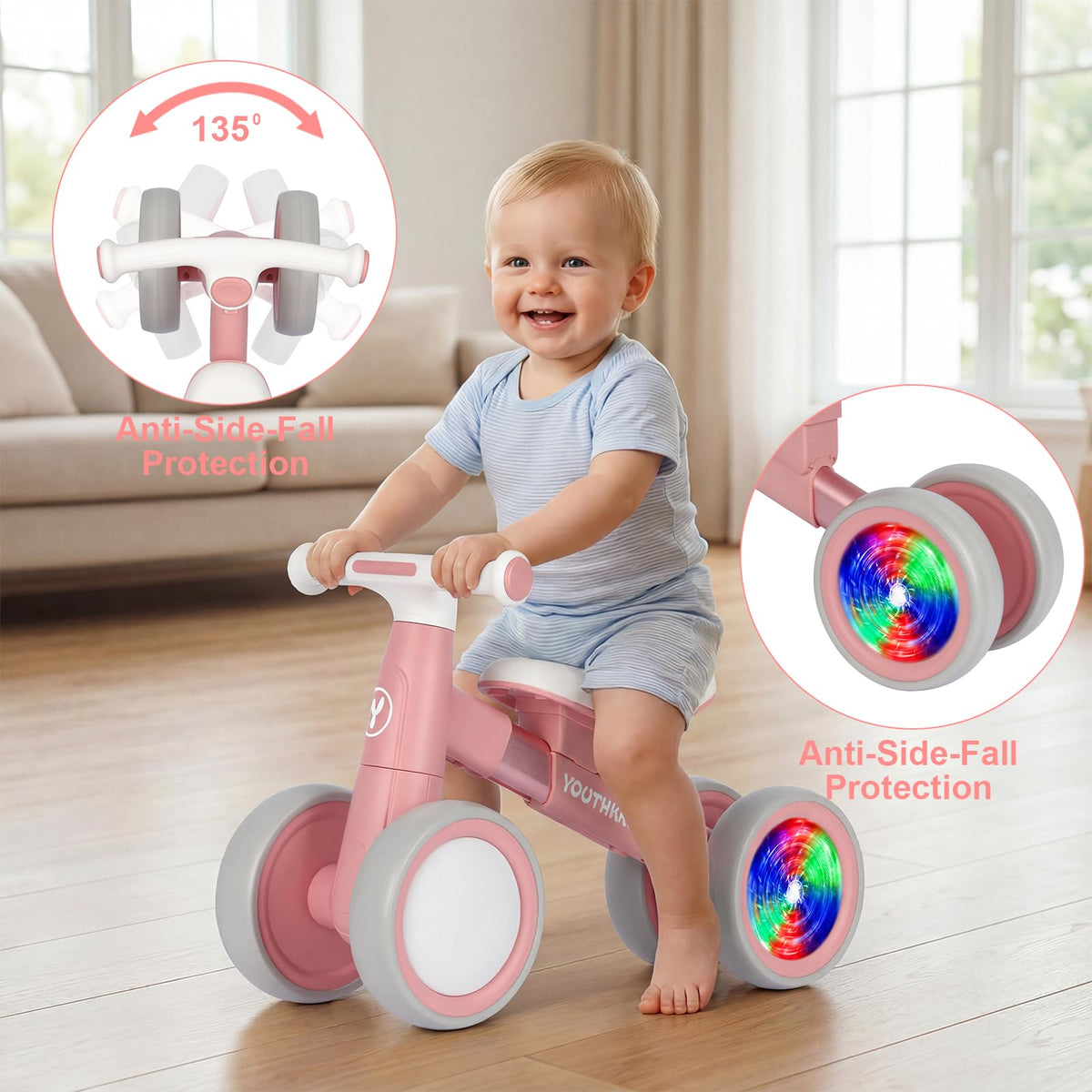 Baby Balance Bike for 1-2 Year Old Toddlers, 4-Wheel with Colorful Light J711