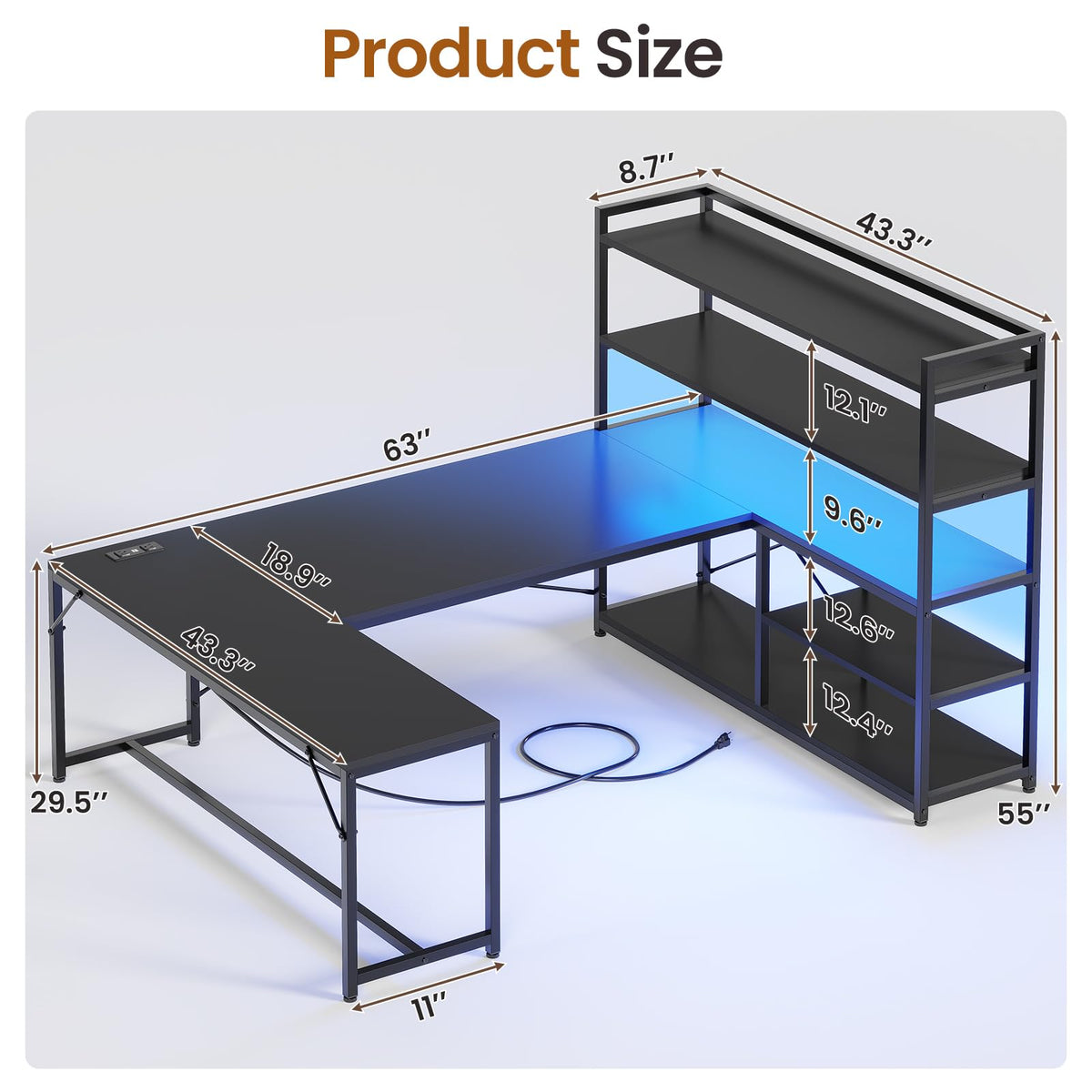 Black L Shaped Gaming Desk with Power Outlet and Storage Shelves K8321
