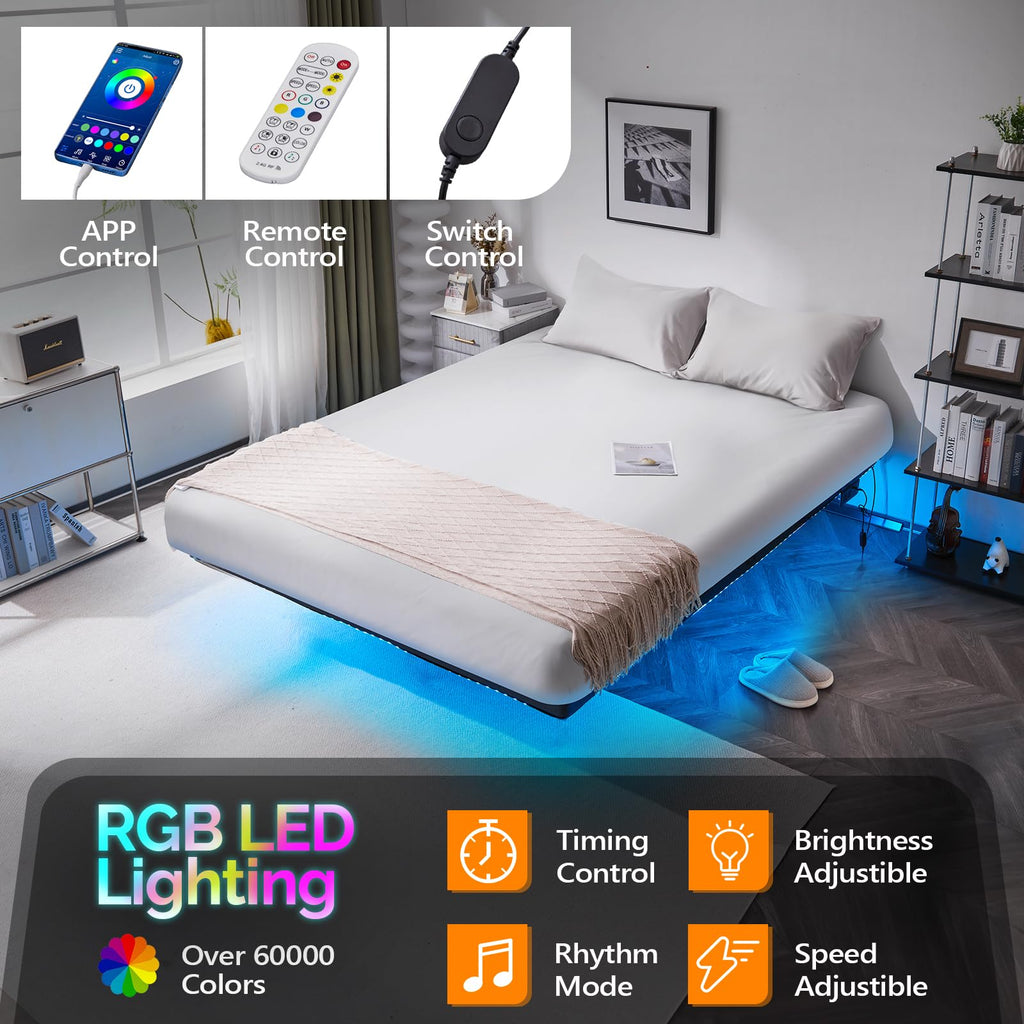 14 Inch Full Floating Bed Frame with USB Charging Station and LED Lights W644