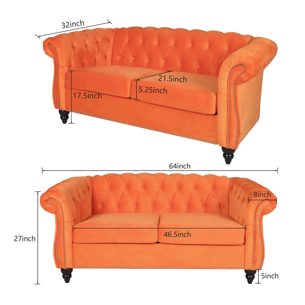 Orange Velvet Chesterfield Sofa Loveseat and Chair P147277