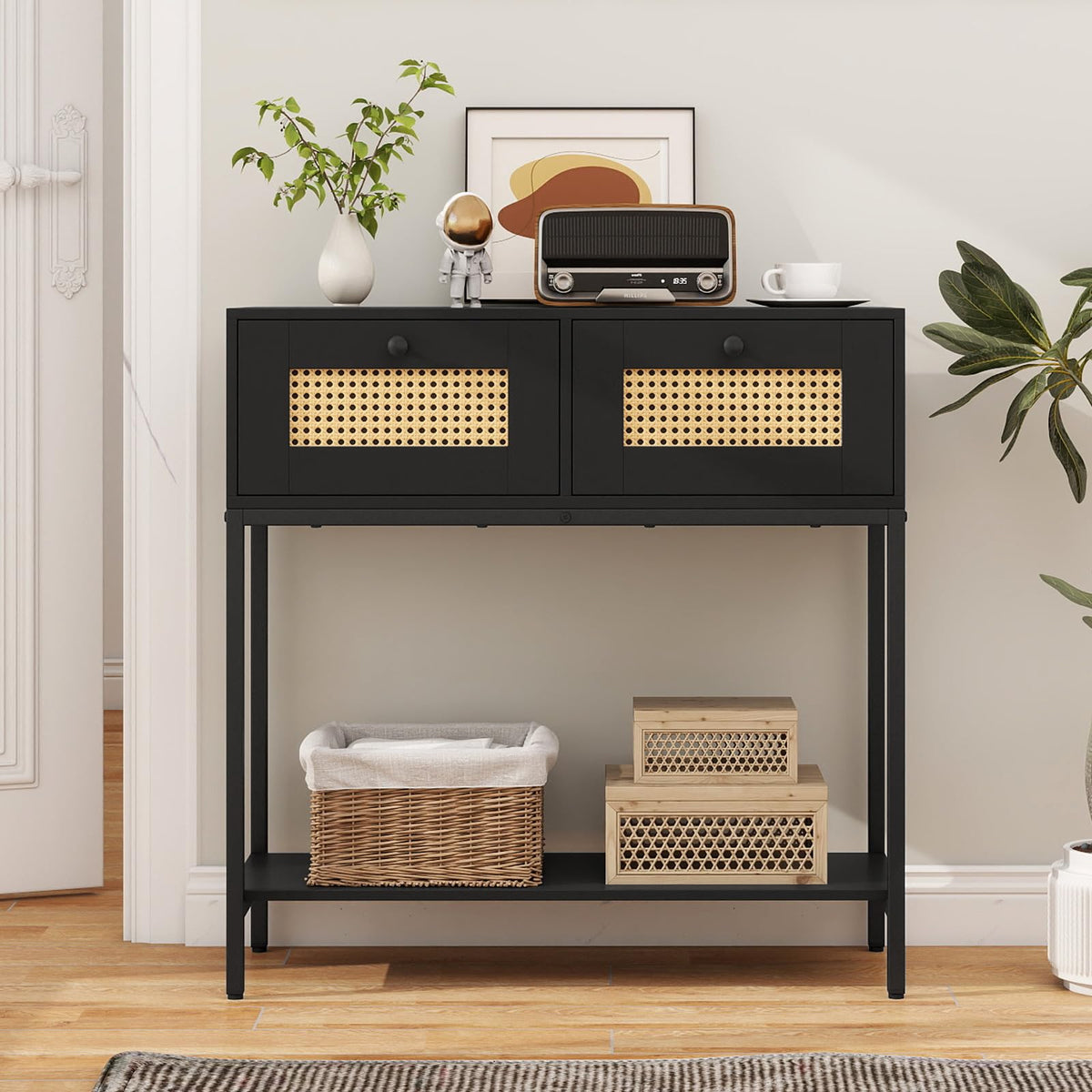Rattan Console Table with Two Drawers and Open Storage Shelf B211