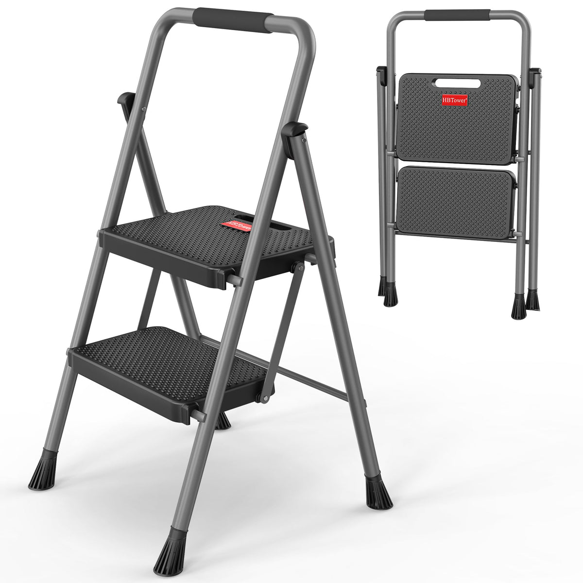 2 Step Folding Step Ladder 300 lbs Capacity with Handrail Gray X772874