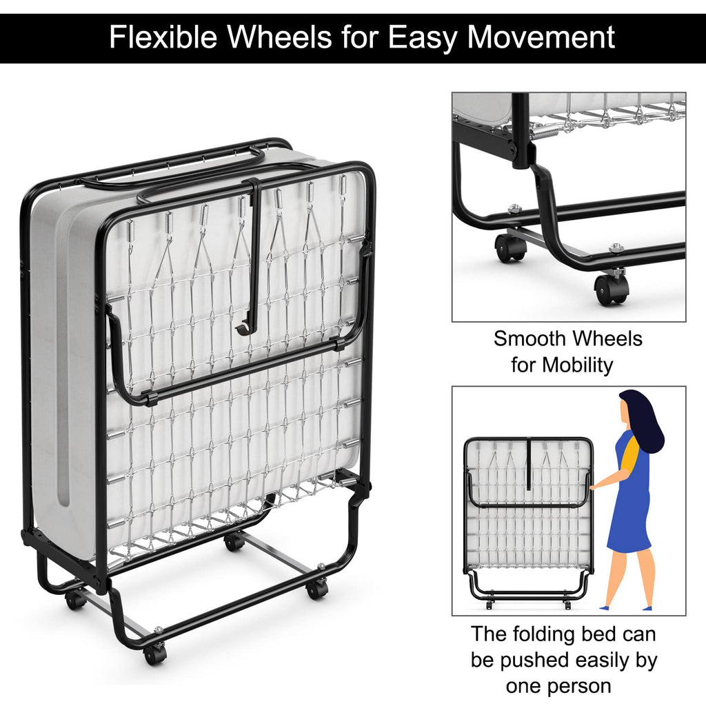 Folding Bed with Memory Foam Mattress and Metal Frame on Wheels U4820