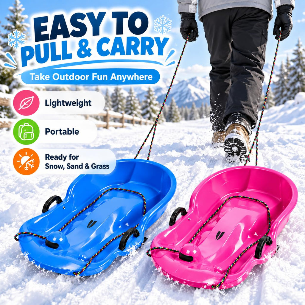2 Pack 65cm Plastic Snow Sleds with Brake Handles and Pull Rope F654372
