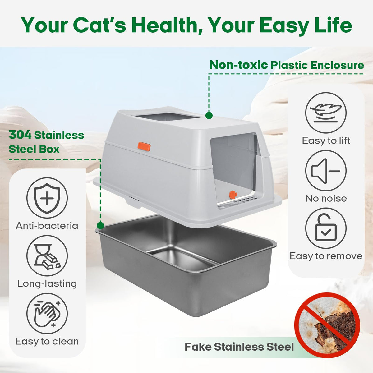 Stainless Steel Extra Large Top Entry Cat Litter Box Set J599
