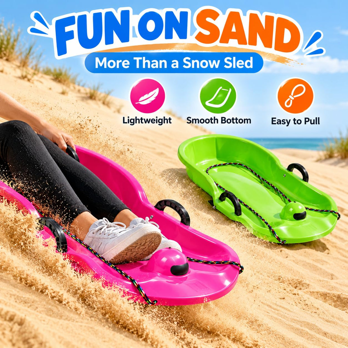 2 Pack 65cm Plastic Snow Sleds with Brake Handles and Pull Rope F654372