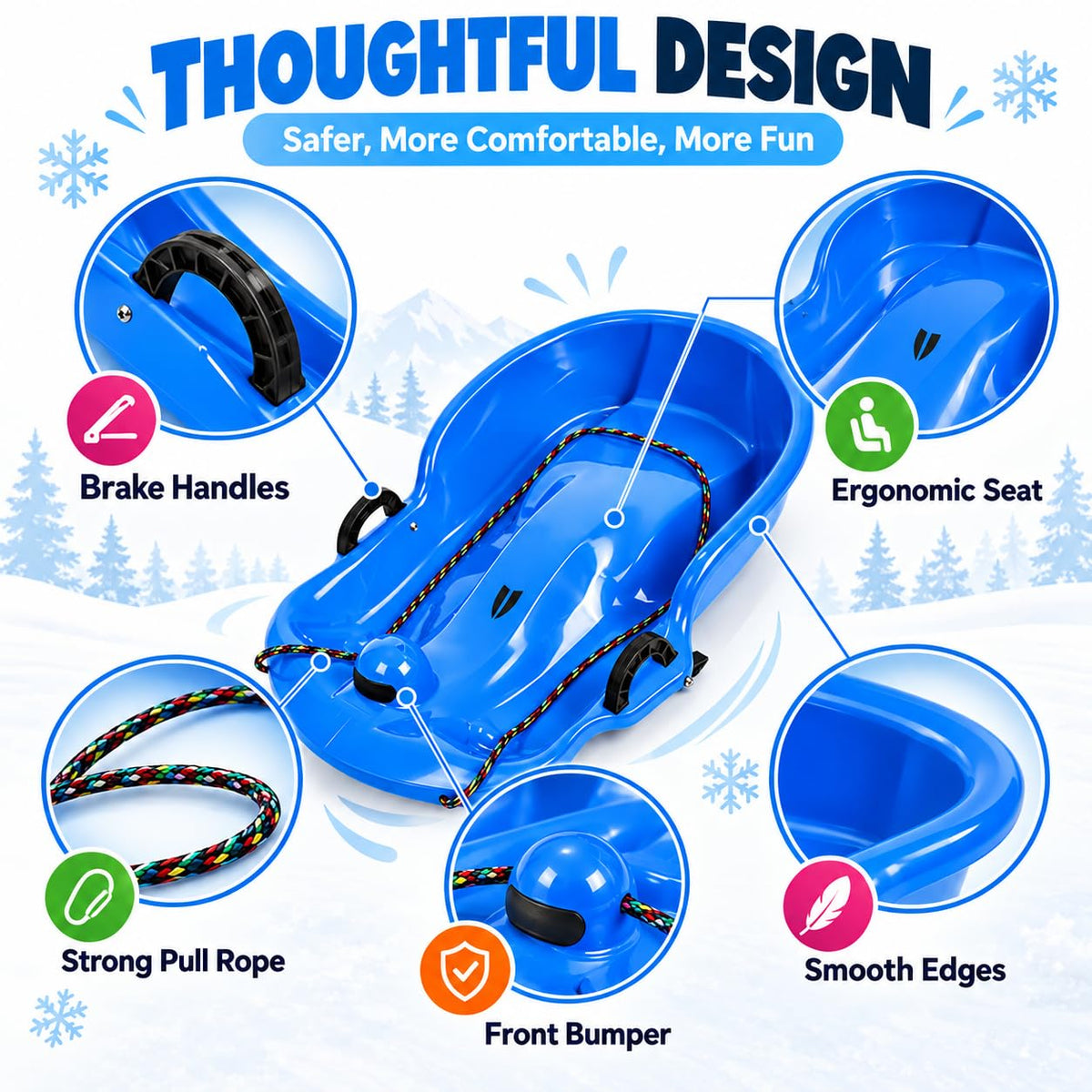 2 Pack 65cm Plastic Snow Sleds with Brake Handles and Pull Rope F654372