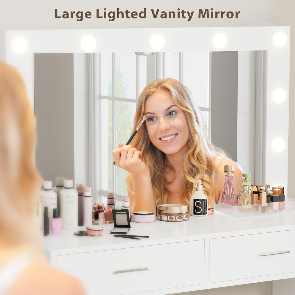 White Vanity Desk Set with Lighted Mirror and 2 Drawers T2466