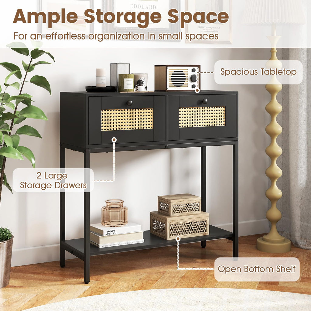 Rattan Console Table with Two Drawers and Open Storage Shelf B211
