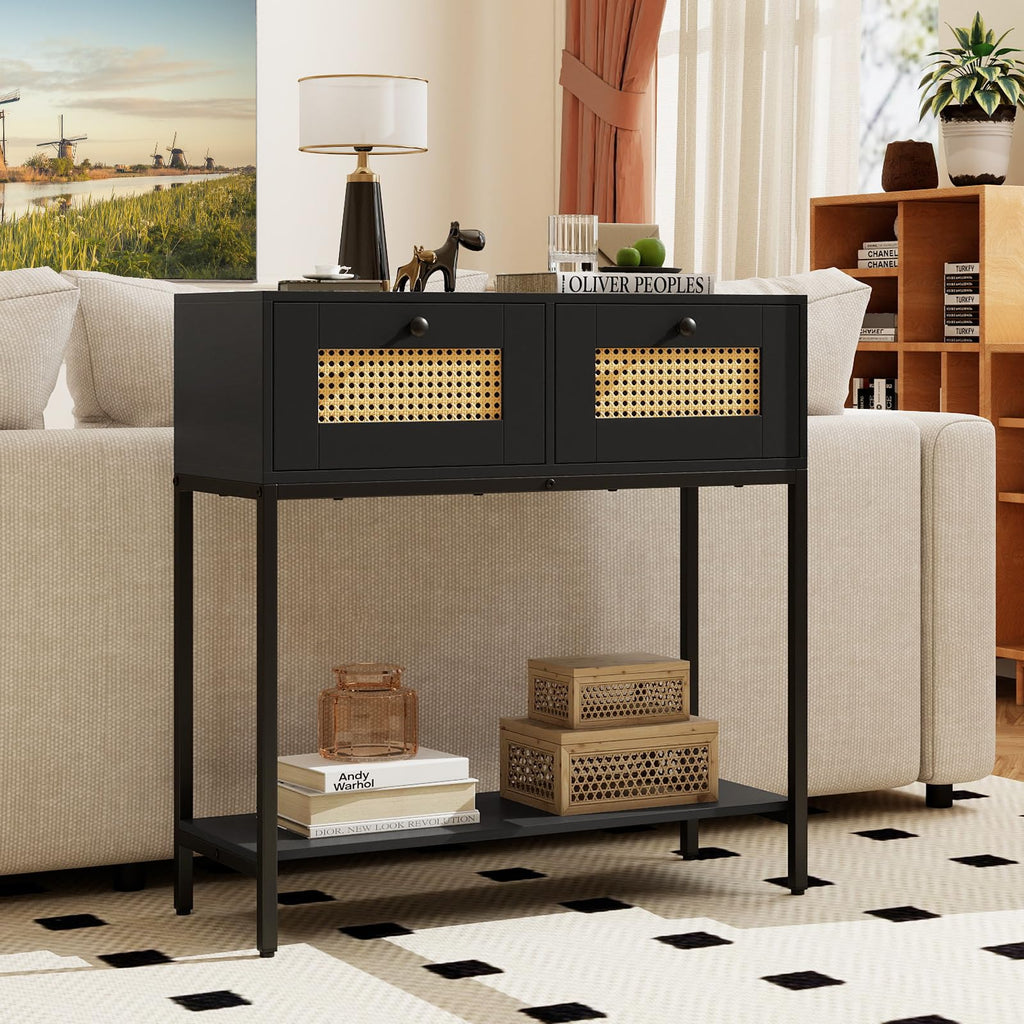 Rattan Console Table with Two Drawers and Open Storage Shelf B211