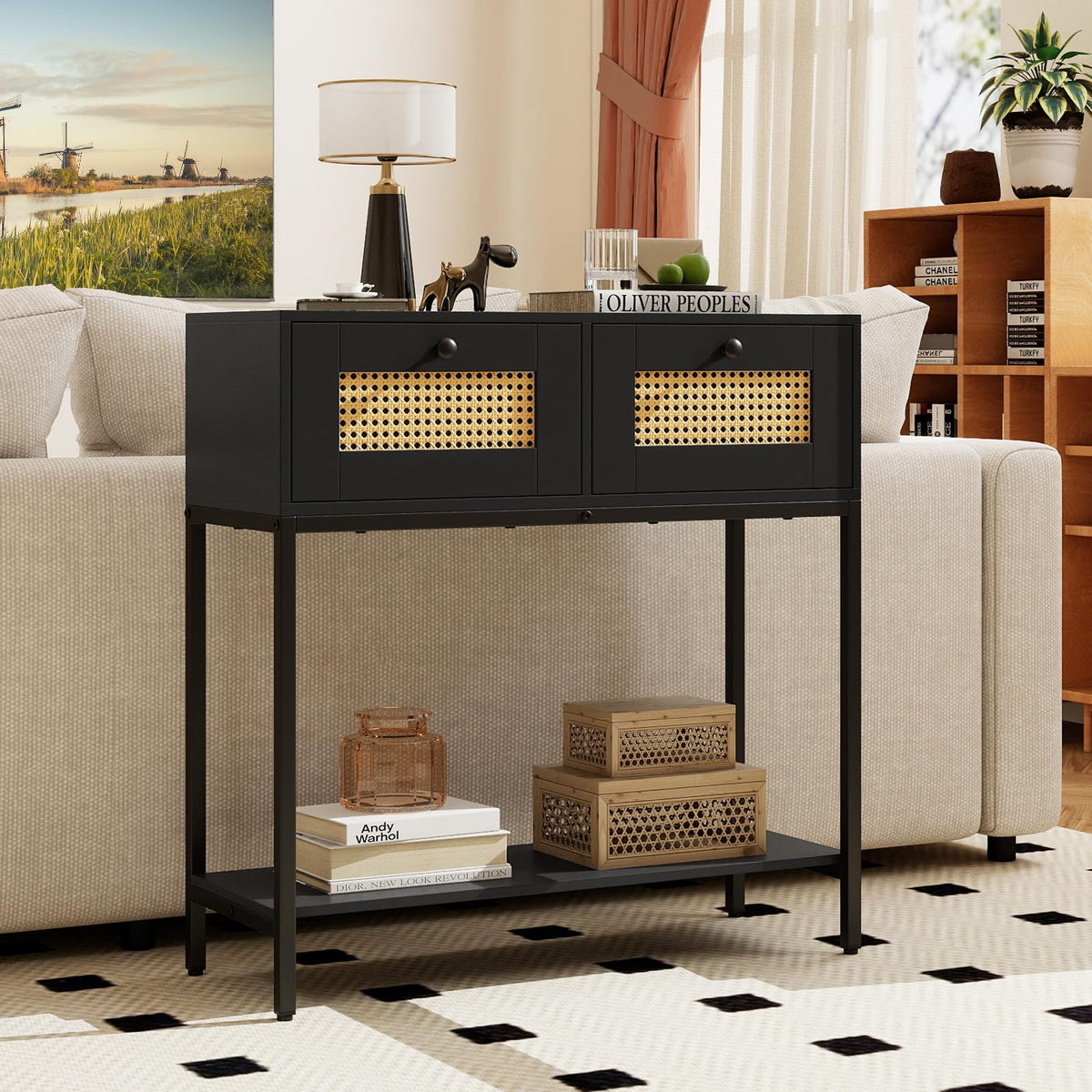 Rattan Console Table with Two Drawers and Open Storage Shelf B211