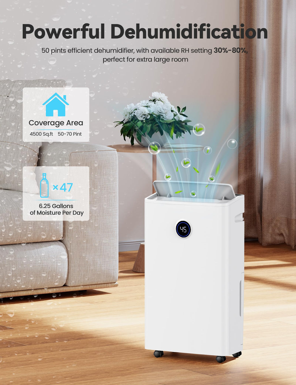 4500 Sq. Ft 50-70 Pints Dehumidifier with Drain Hose and 5L Water Tank M5590