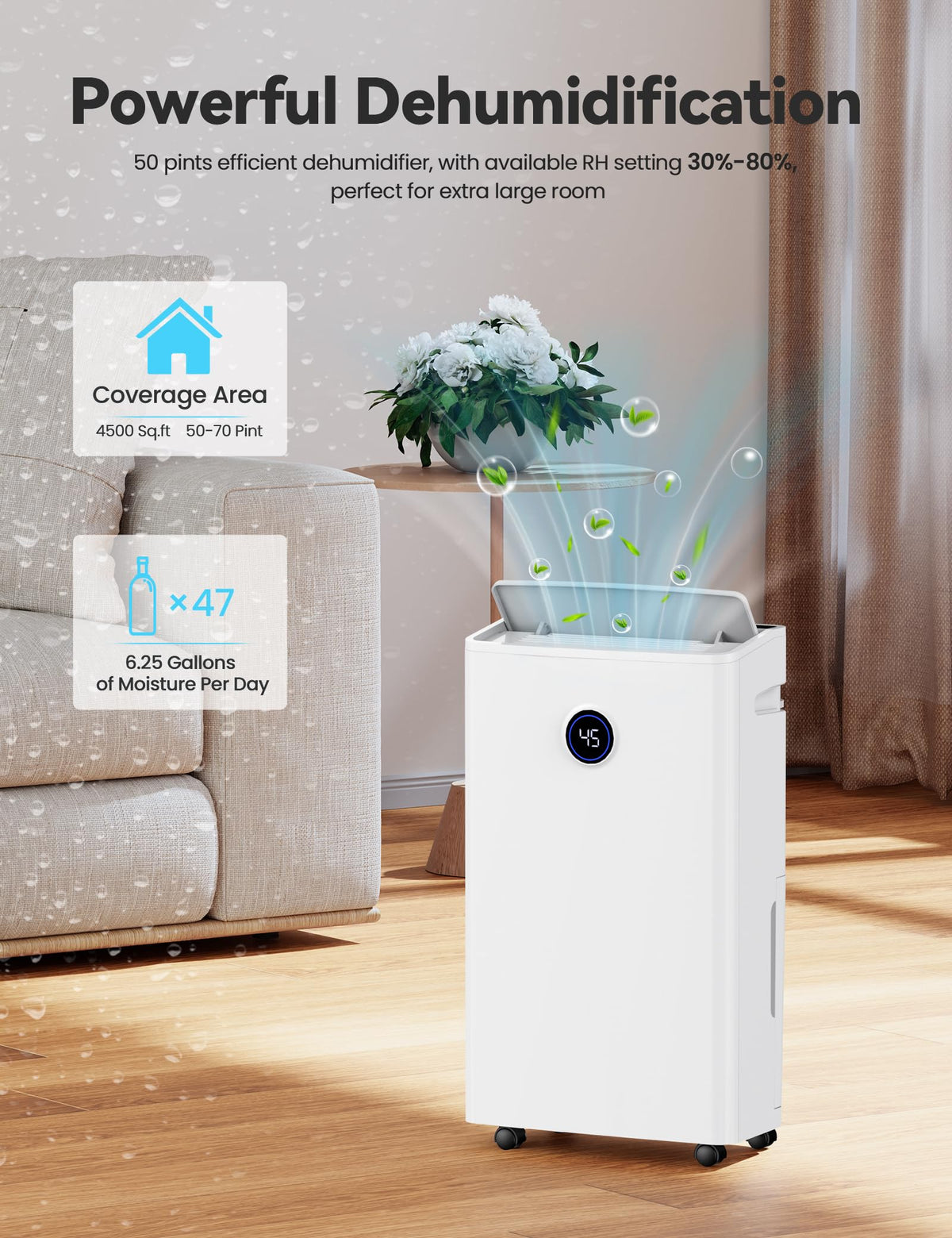 4500 Sq. Ft 50-70 Pints Dehumidifier with Drain Hose and 5L Water Tank M5590