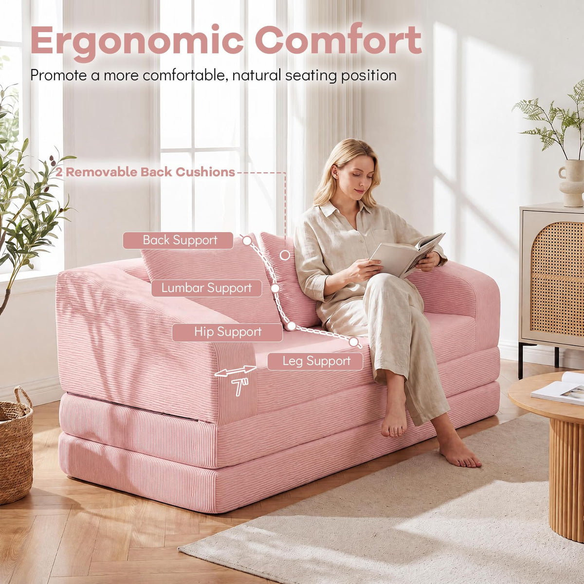 61" Pink Convertible Futon Sofa Bed R9473