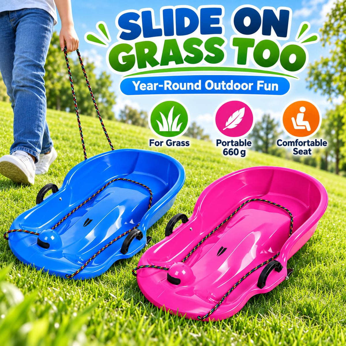 2 Pack 65cm Plastic Snow Sleds with Brake Handles and Pull Rope F654372