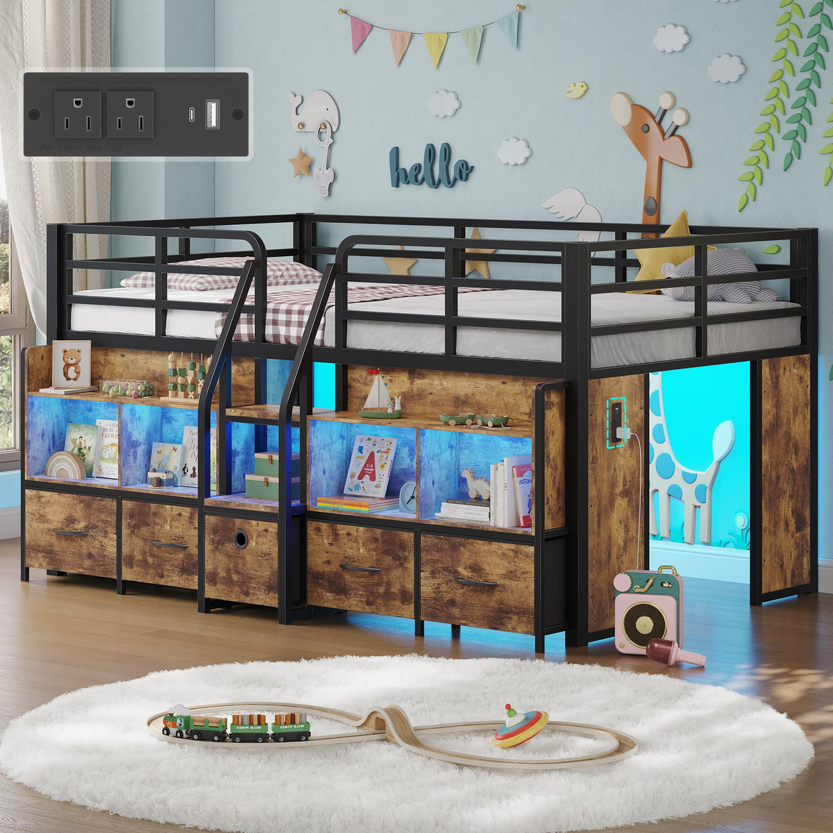 Twin Low Loft Bed with 5 Storage Drawers and 6 Bookcase M864