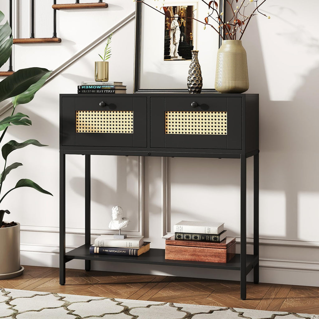 Rattan Console Table with Two Drawers and Open Storage Shelf B211