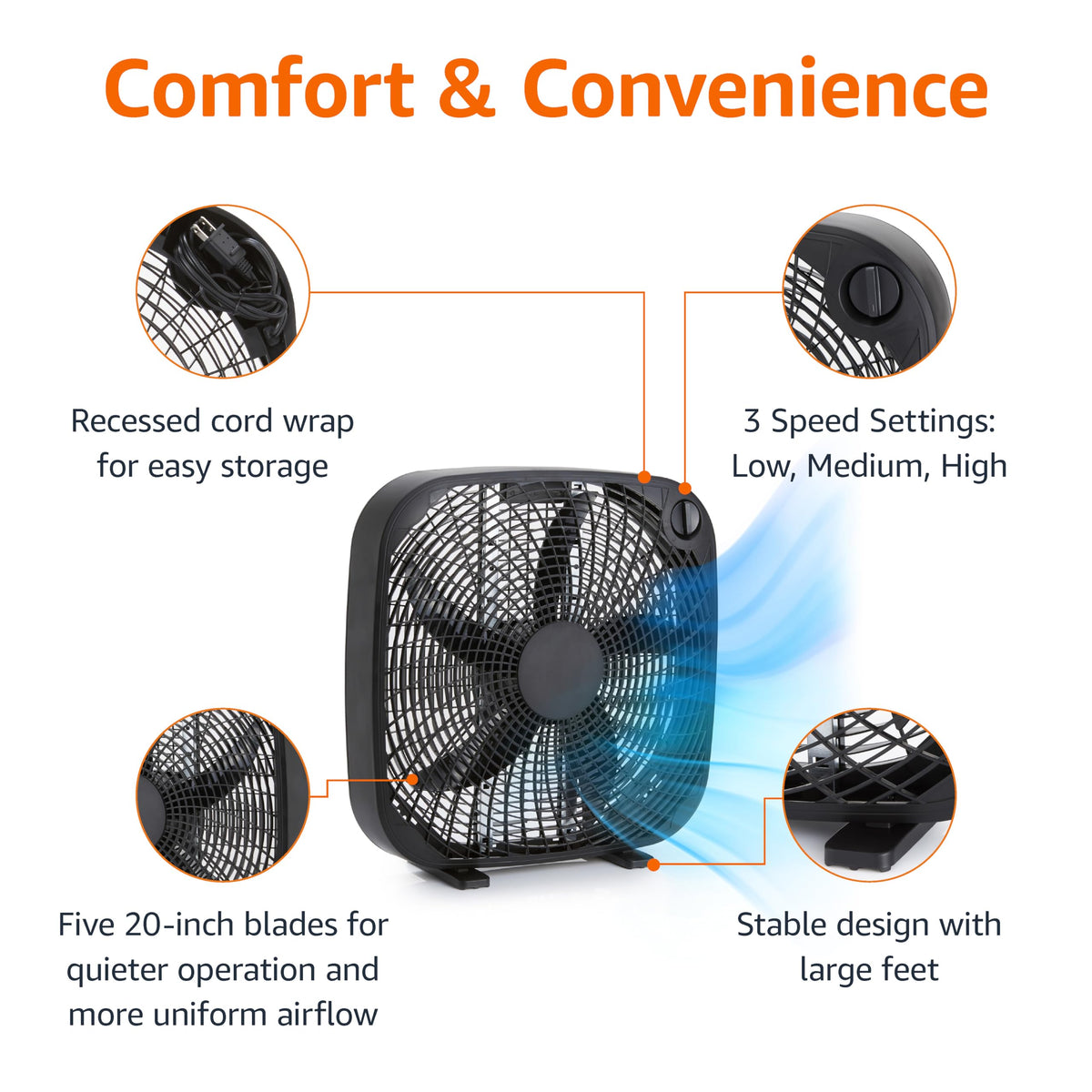 Black 20-Inch 3-Speed Box Fan with Carry Handle S482