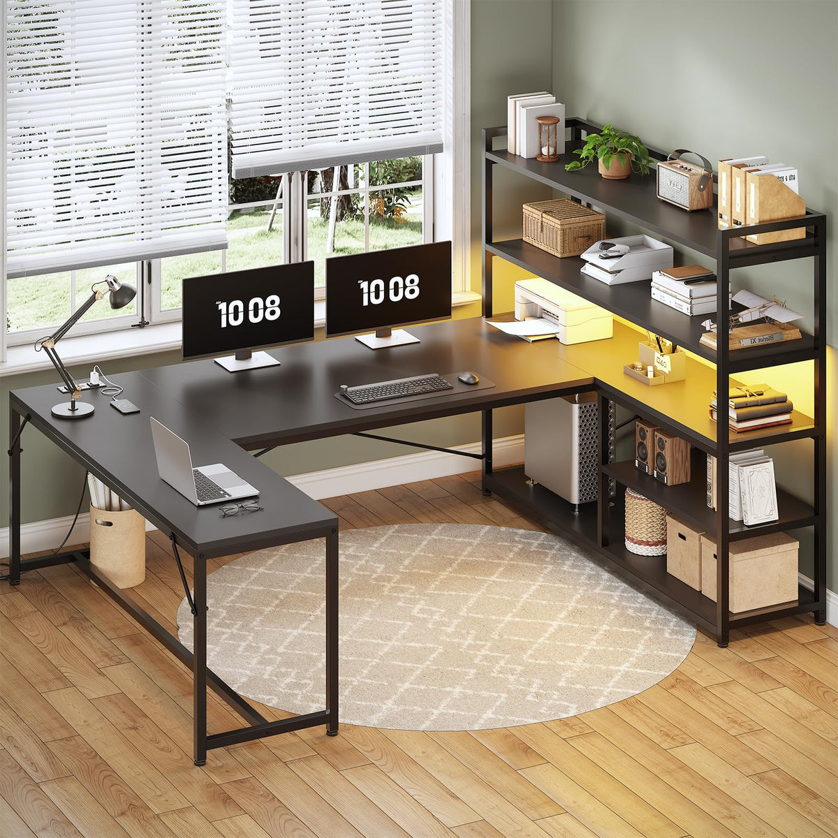 Black L Shaped Gaming Desk with Power Outlet and Storage Shelves K8321