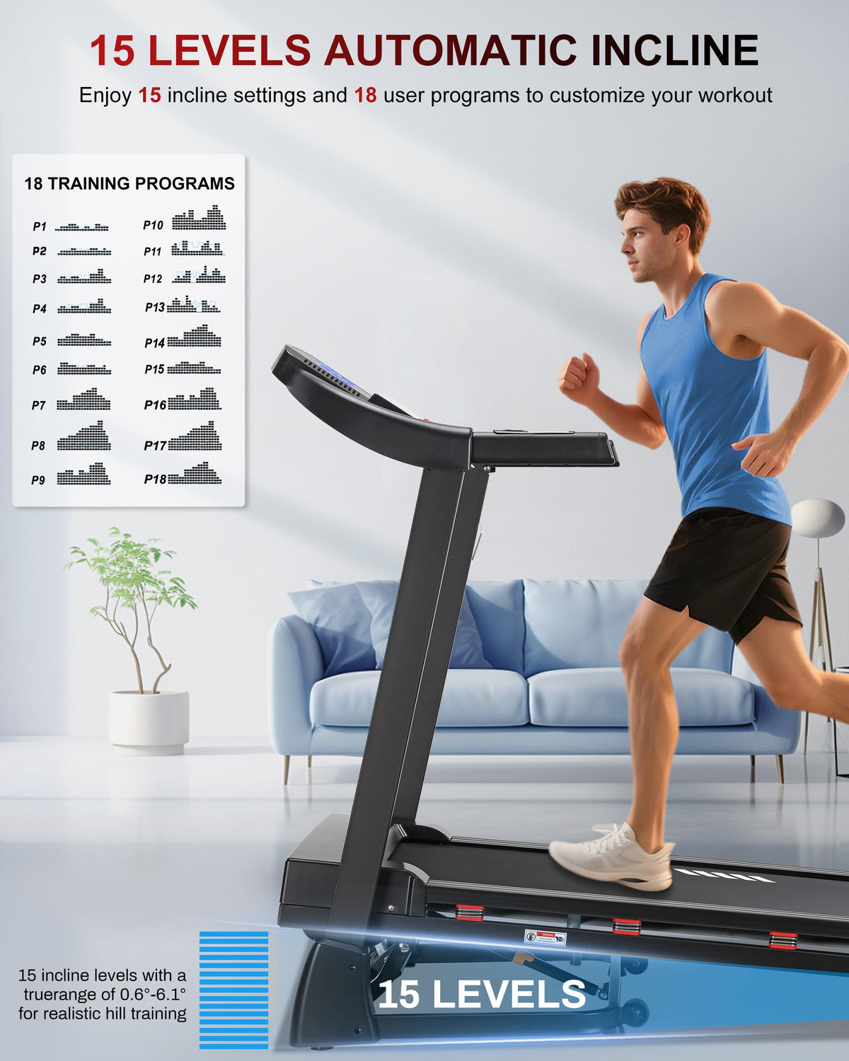 Heavy Duty Treadmill with 15-Level Auto Incline F6117