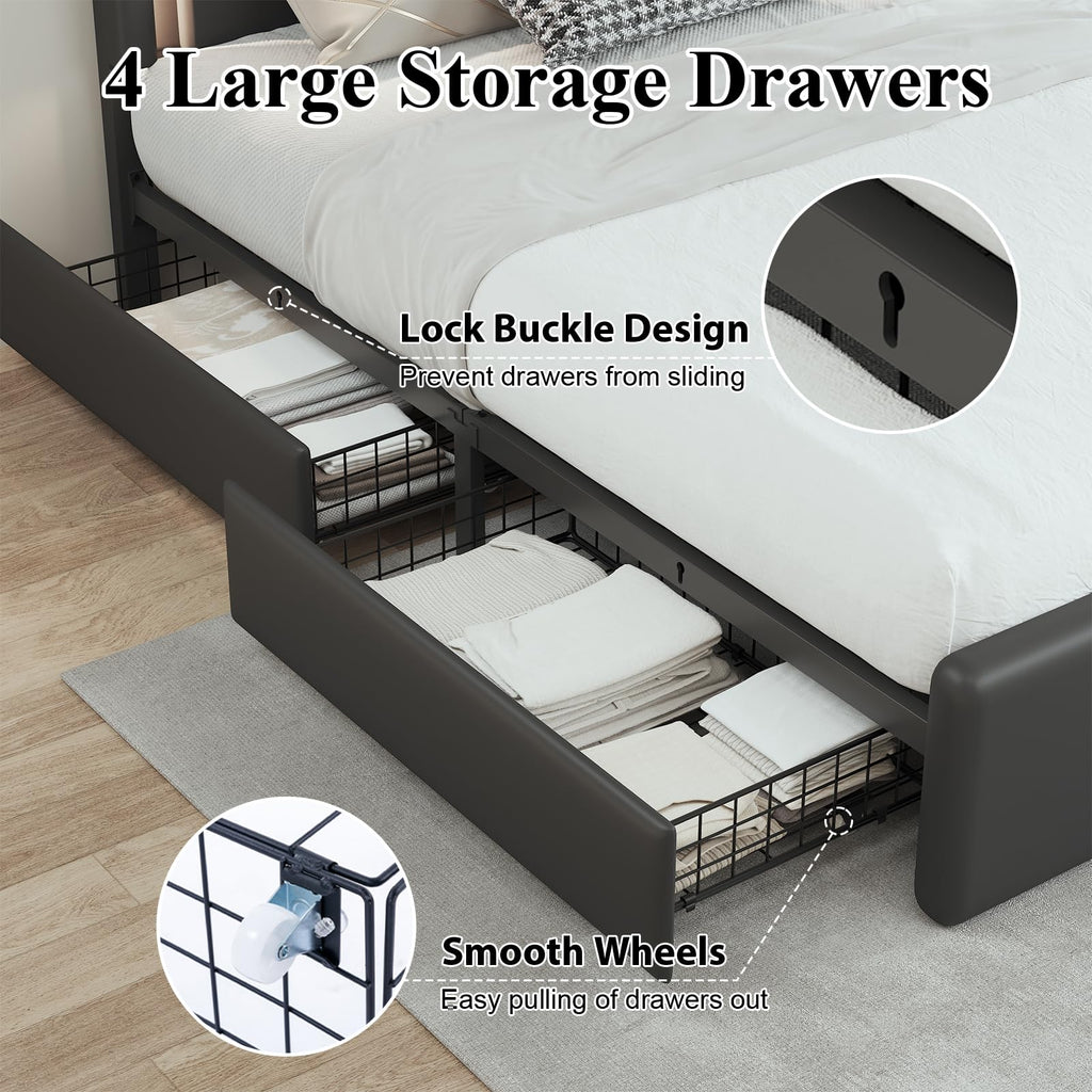 Full Size Bed Frame with Storage Drawers and Charging Station, Black P73396