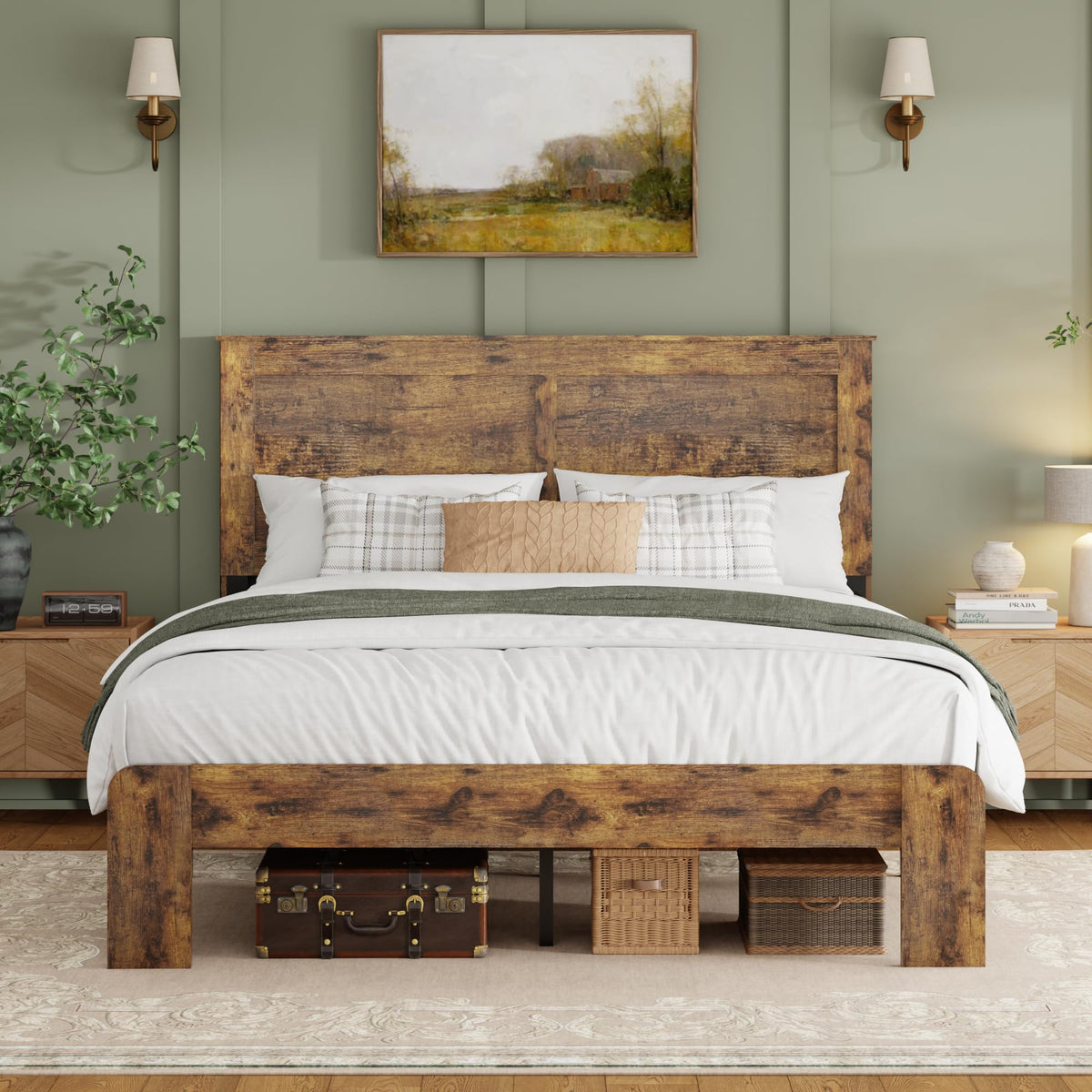 Farmhouse Wood Bed Frame with Headboard and Footboard D36615