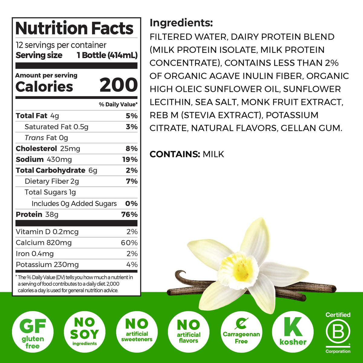 High Protein Grass-Fed Shake, Vanilla, 14 oz, 12pk O48116