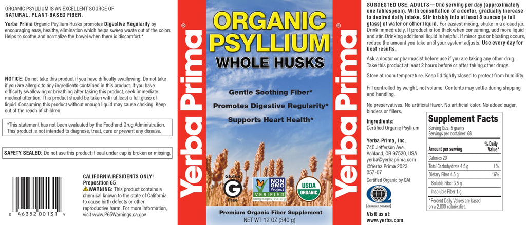Organic Psyllium Whole Husks 12 oz Fiber Supplement V64506