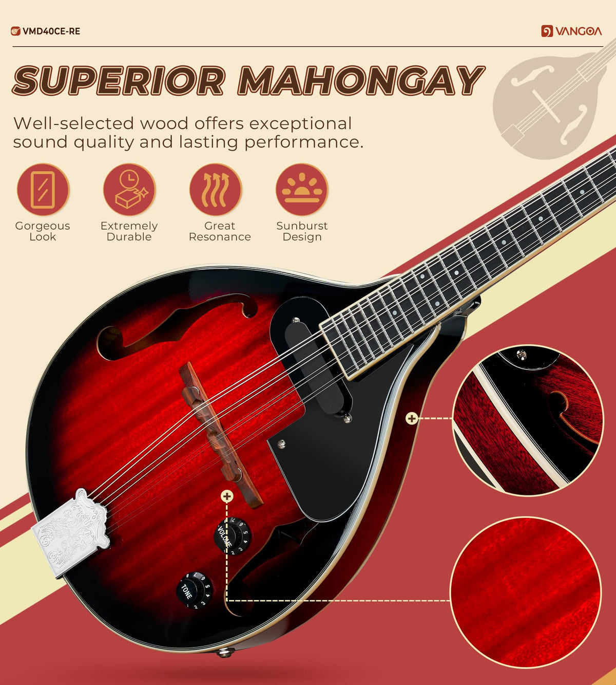 Red Burst 8 Strings Mahogany Acoustic Electric Mandolin I820