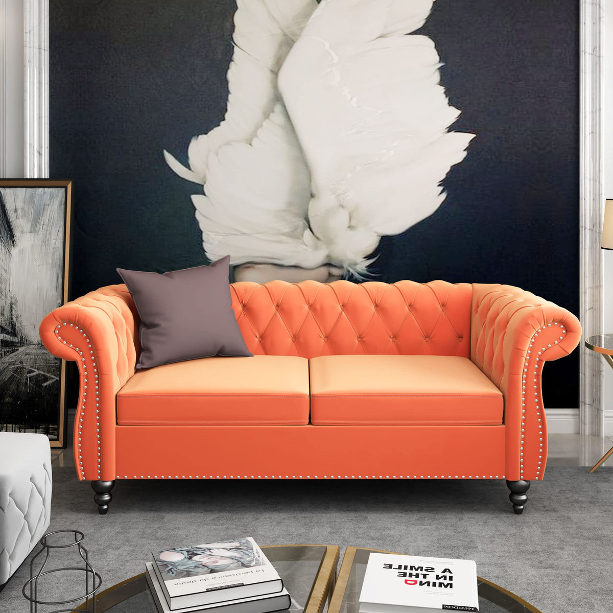 Orange Velvet Chesterfield Sofa Loveseat and Chair P147277