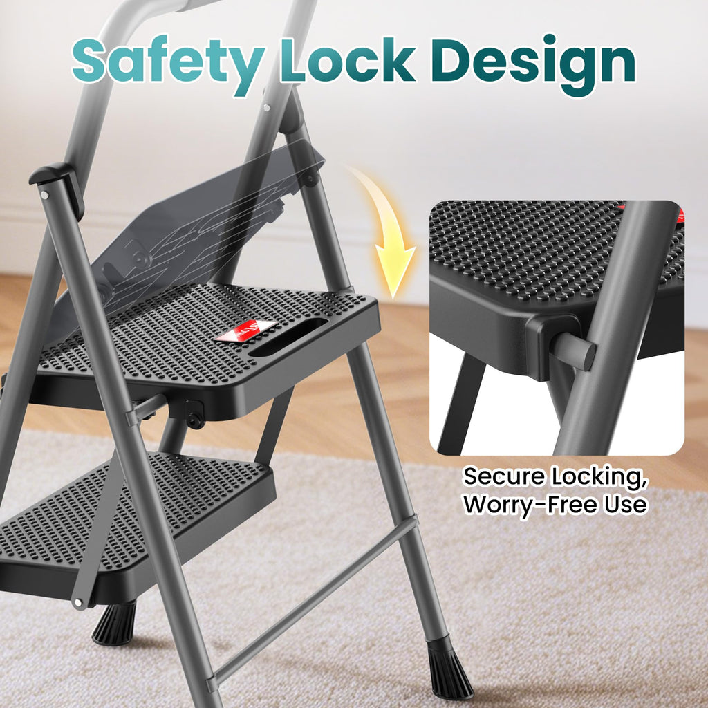 2 Step Folding Step Ladder 300 lbs Capacity with Handrail Gray X772874