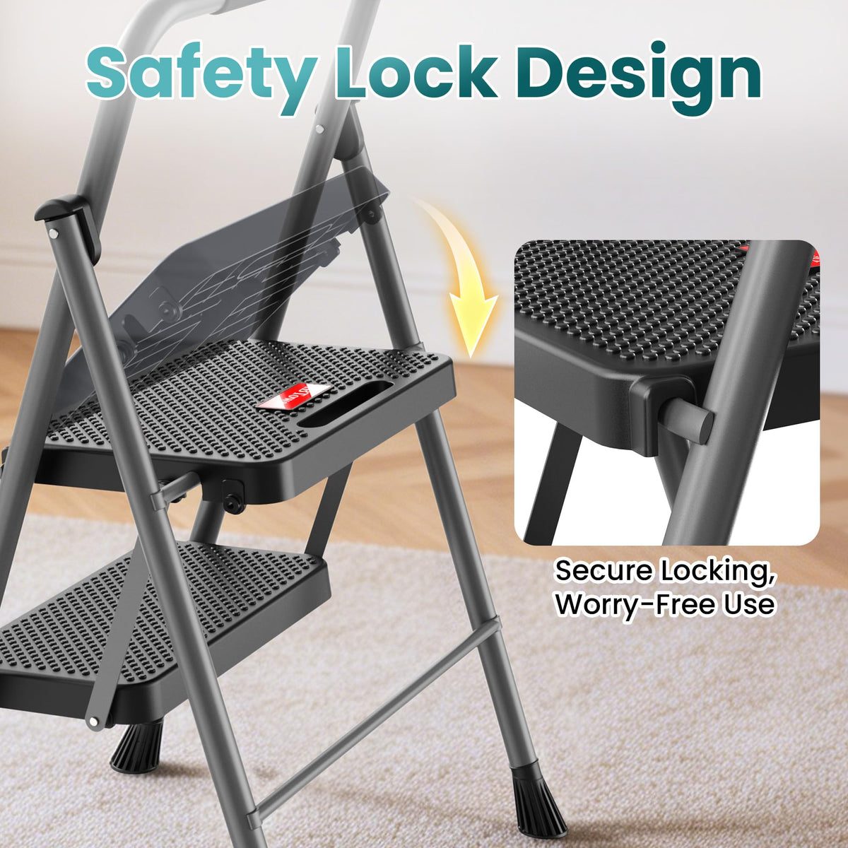 2 Step Folding Step Ladder 300 lbs Capacity with Handrail Gray X772874