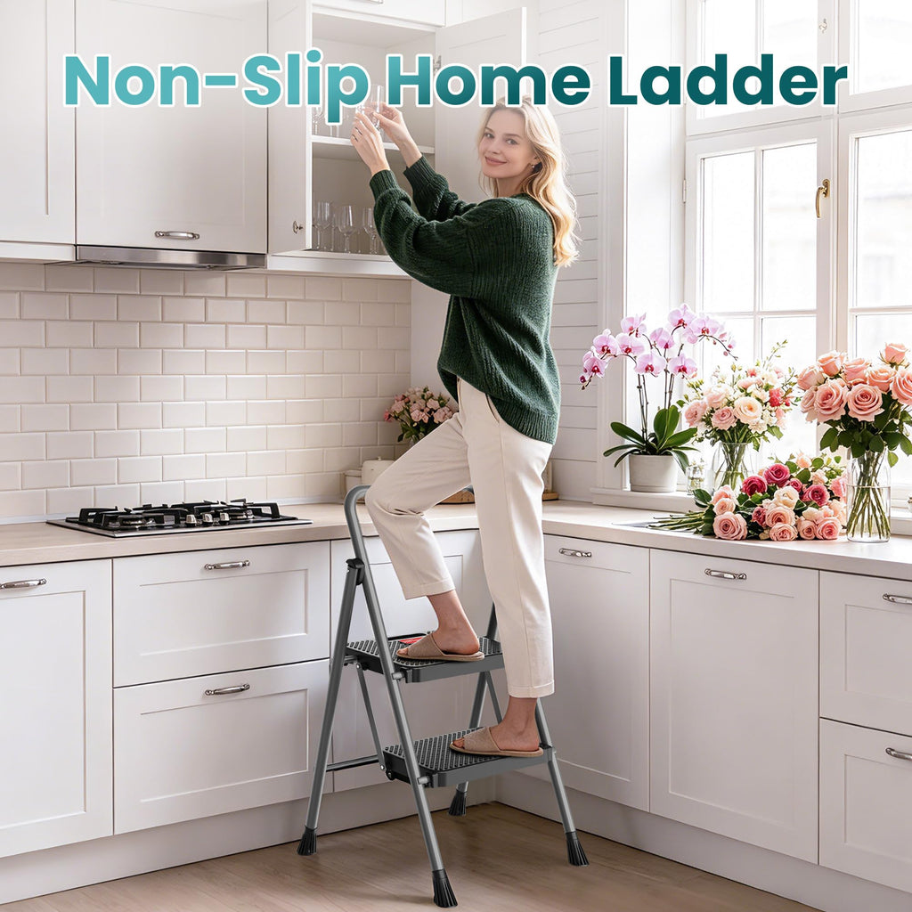2 Step Folding Step Ladder 300 lbs Capacity with Handrail Gray X772874