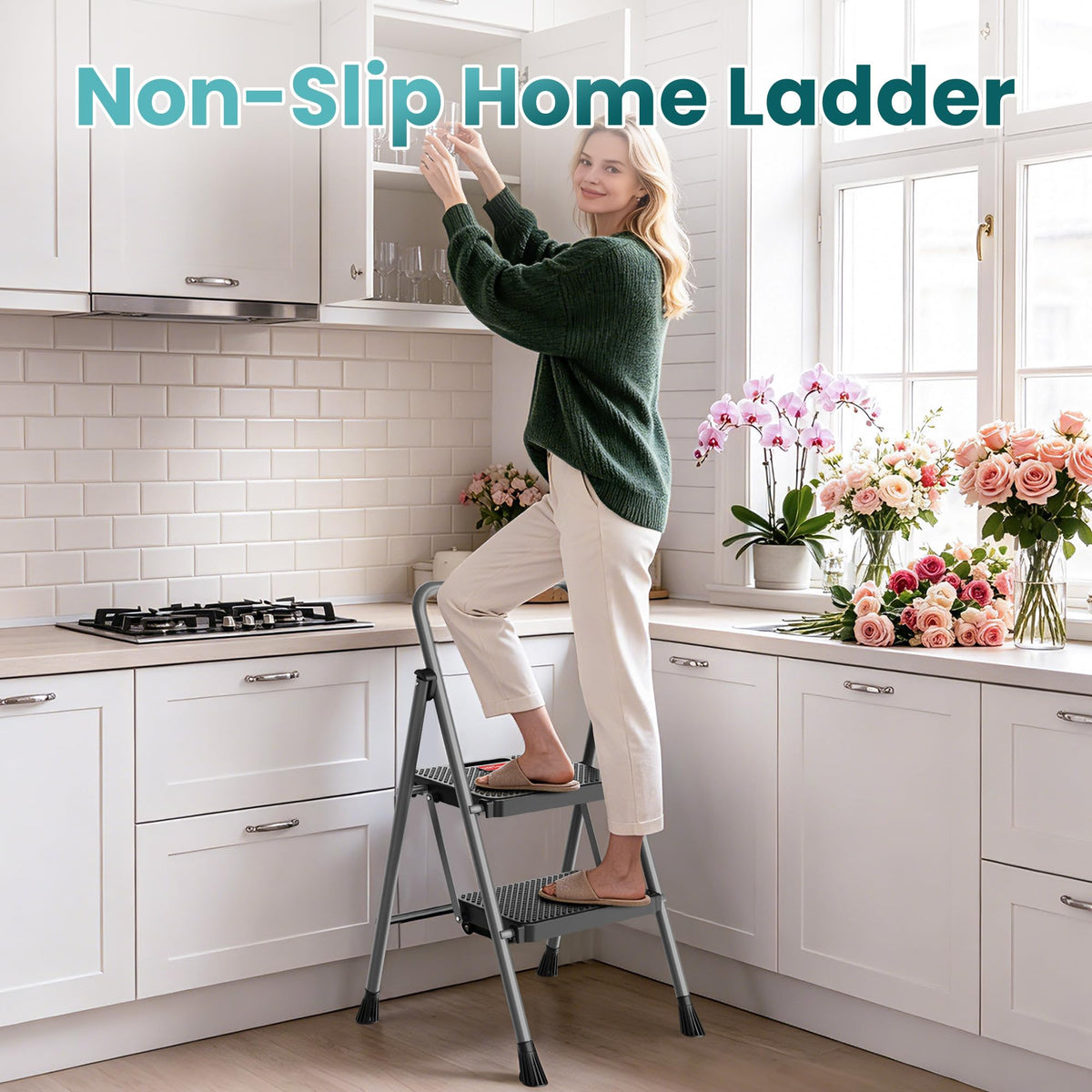 2 Step Folding Step Ladder 300 lbs Capacity with Handrail Gray X772874