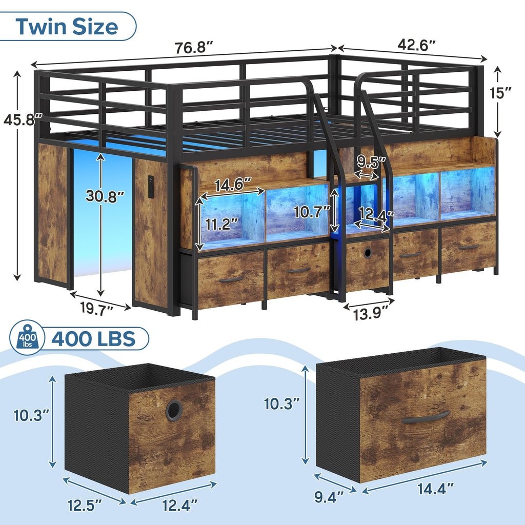 Twin Low Loft Bed with 5 Storage Drawers and 6 Bookcase M864