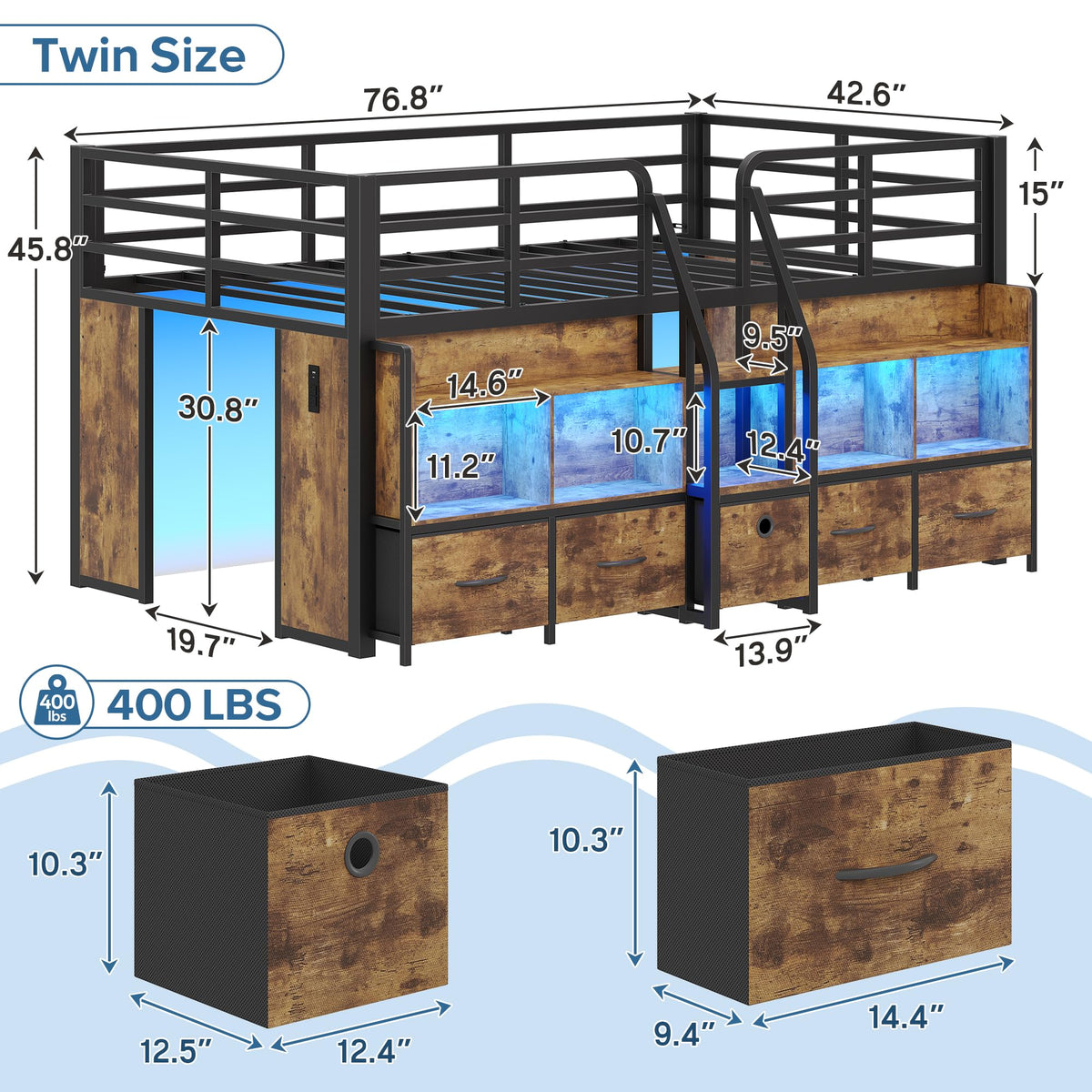 Twin Low Loft Bed with 5 Storage Drawers and 6 Bookcase M864
